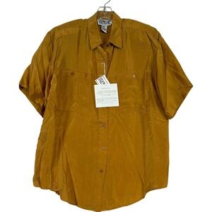 NWT Vintage Womens Mustard Yellow Washable Silk Short Sleeve Button Up Shirt Med